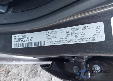 2026 Ram 1500 Laramie 4X4 5'7 Box z USA, uszkodzony, nr VIN 1C6SRFJP2TN241151